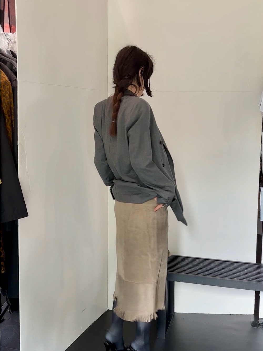 Minimalist Suede slab Fringe Midi Skirt - olive Beige